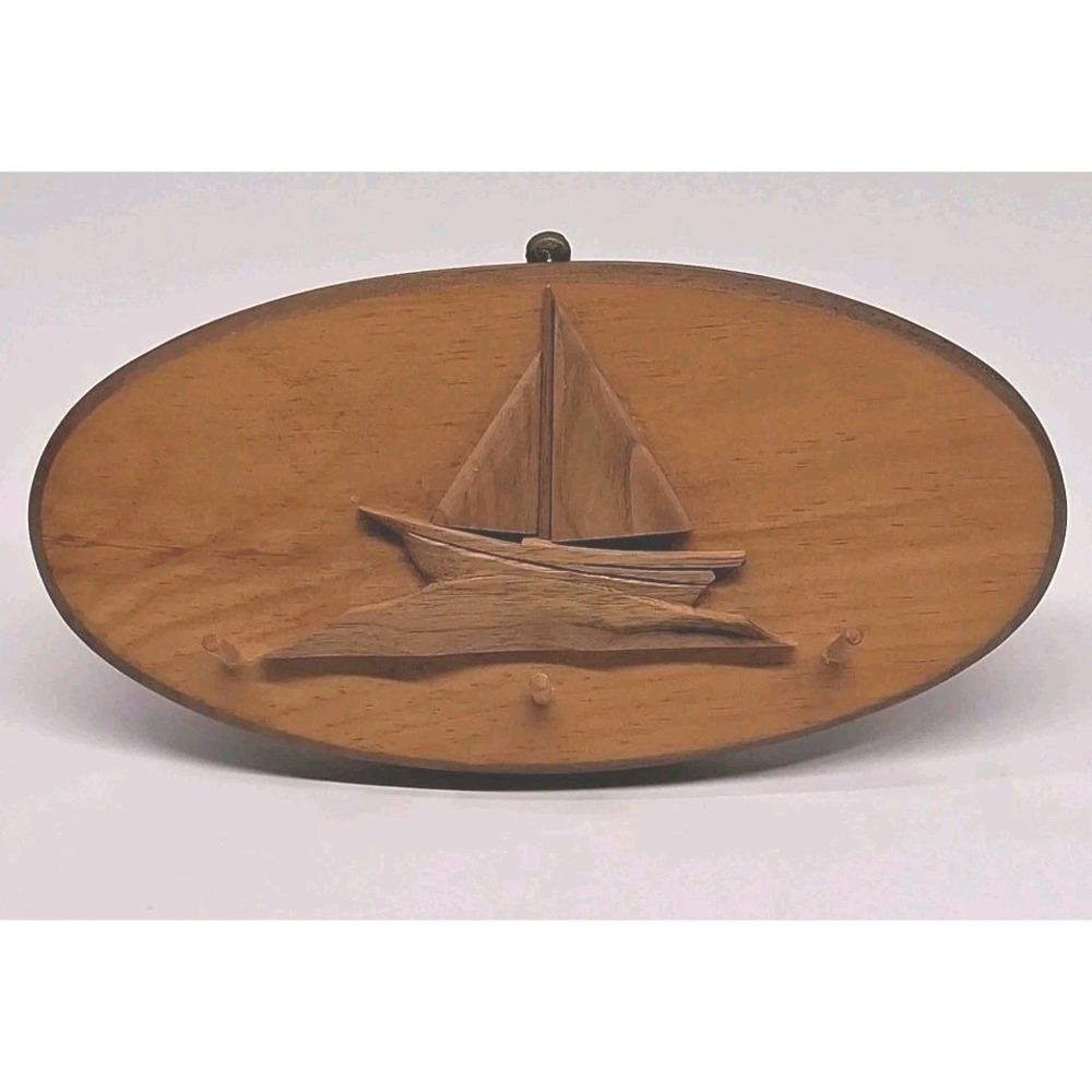 Vintage Audet Quebec, Canada Wooden Sailboat 3 Key Holder Nautical, Sea ~5"x 10"